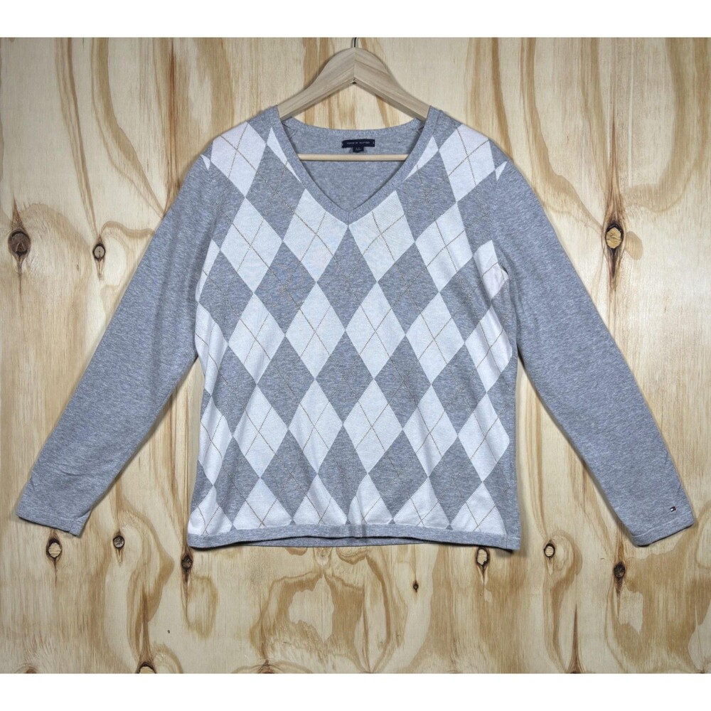 Tommy Hilfiger Sweater Womens L Gray Argyle V Neck Pullover